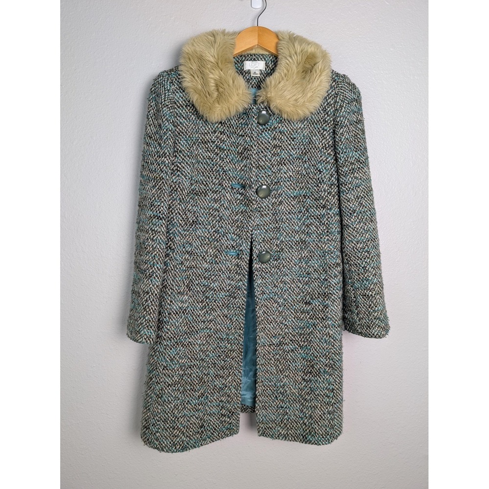 Ann Taylor Loft Coat Womens 6P Green Tweed Fur Trim Collared Lined Pockets